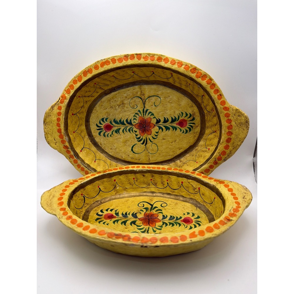 Vintage Hand Painted Wooden Dough Bowls Yellow Floral Folk Art Set of 2